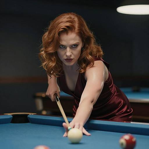 Photograph of a red-haired woman in a dark, satin dress, intensely aiming a pool cue at a ball on a blue pool table.