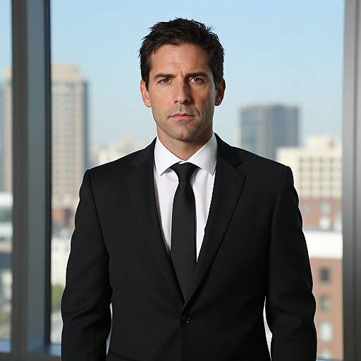 Photograph of a serious, dark-haired man in a black suit, white shirt, and black tie, standing in front of a blurred cityscape through