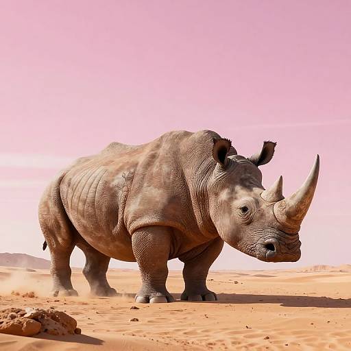 Photograph of a large, solitary rhinoceros with prominent horns standing in a sunlit, pink-hued desert with sandy terrain.