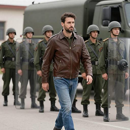 Man Walking in Front of Military Soldiers with Riot Shields