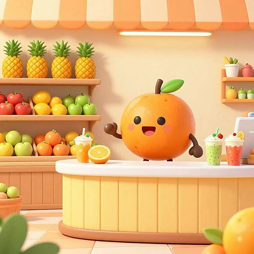 Cheerful Orange Mascot in Fruit Shop