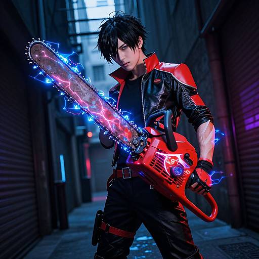 Digital artwork of a dark-haired man in a red and black leather jacket, holding a glowing, electric chainsaw in a neon-lit alleyway.