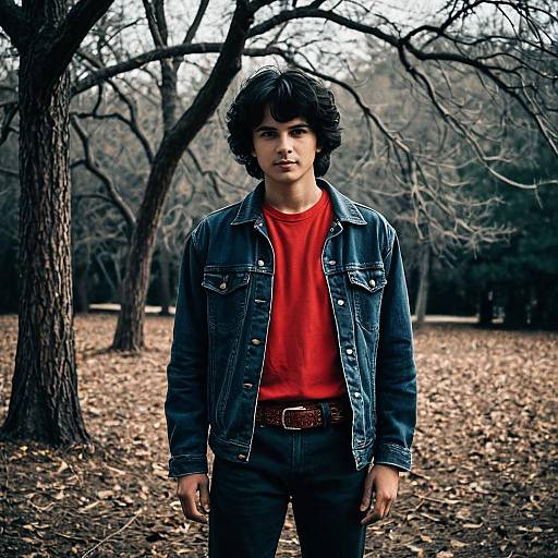 Young Man in Red Shirt and Denim Jacket Outdoors
