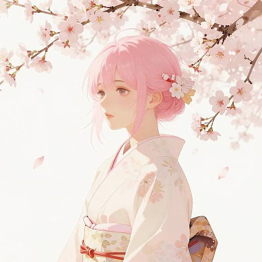 Pink-Haired Asian Girl in Kimono