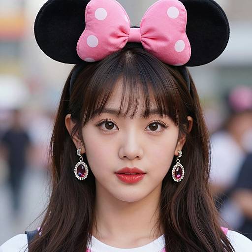 Photograph of an Asian woman with fair skin, long black hair, and red lips, wearing a Minnie Mouse headband with pink bow, white