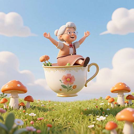 CGI image of a joyful elderly woman with white hair and glasses, sitting in a floral teacup, floating over a grassy field with mushrooms