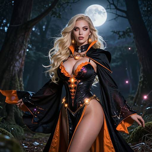 Digital artwork of a blonde, fair-skinned, voluptuous woman in a black, orange-accented, revealing witch costume, standing in a moon