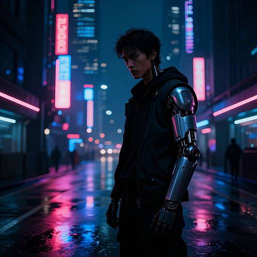 Neon-lit cyberpunk street at night: young man with dark hair, cybernetic arm, black coat, standing on wet pavement, surrounded