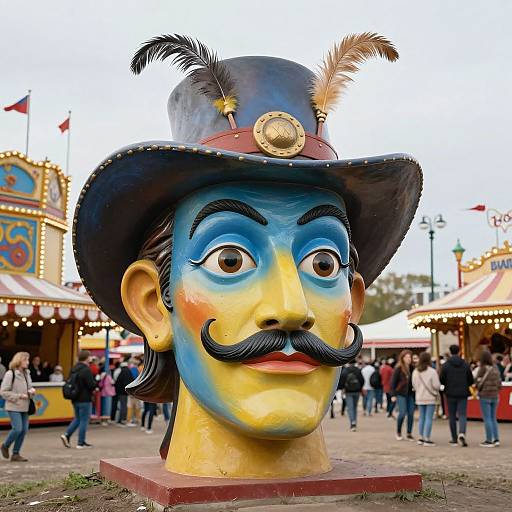 Photograph of a large, colorful, cartoon-style pirate mask with blue face, yellow nose, black mustache, and feathered hat, in a