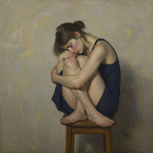Photorealistic painting of a young woman with fair skin, brown hair in a bun, wearing a black sleeveless dress, sitting hunched on a