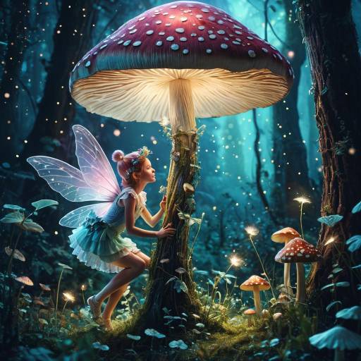 Fairy with Glowing Wings by Giant Mushroom
