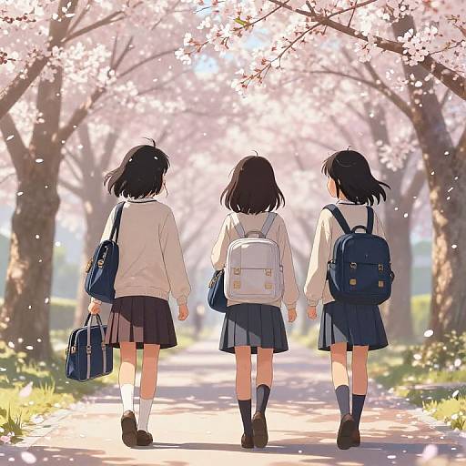 Three anime schoolgirls walk away under cherry blossoms, each carrying a backpack and bag, wearing white shirts and skirts, on a sunlit path.