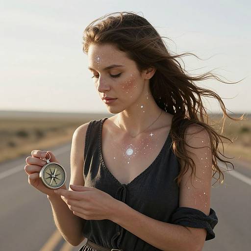 Photograph of a young woman with long brown hair, wearing a dark sleeveless top, holding a compass on a sunlit, empty road. Spark