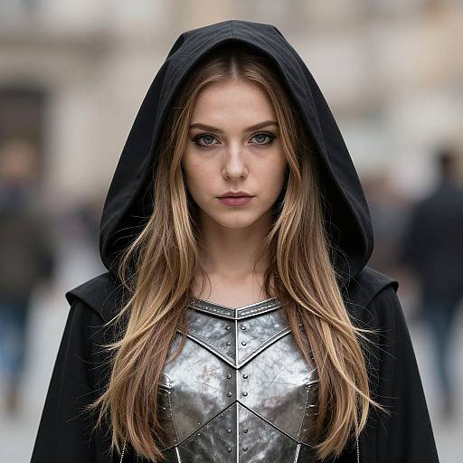 Photograph of a serious young woman with long brown hair, blue eyes, wearing a black hooded cloak over a shiny silver armor chest plate, in