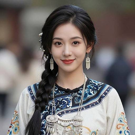Photograph of an Asian woman with long black hair in a braid, wearing traditional embroidered blue and white Chinese attire, silver earrings, and a subtle