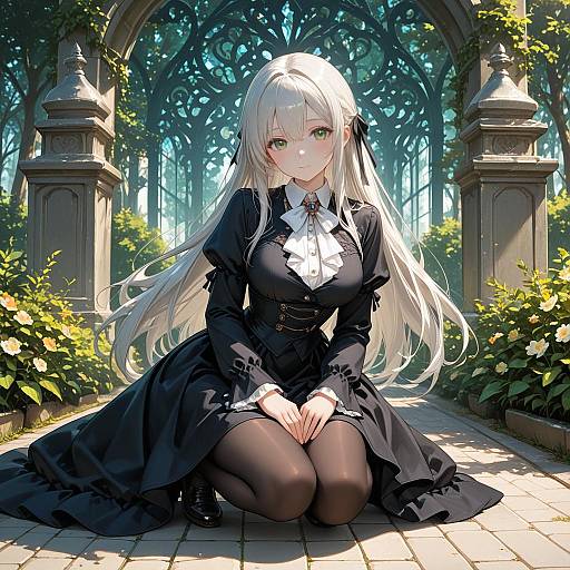 Serene Anime Girl in Botanical Garden