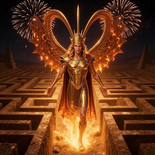 Photorealistic digital artwork of a fierce, golden-winged goddess with flaming wings, standing in a fiery maze at night.