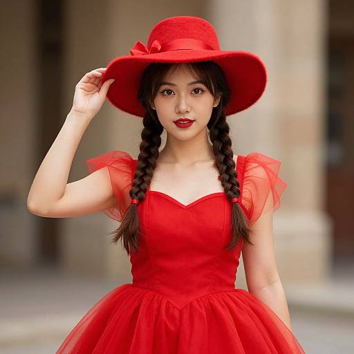 Photograph of an Asian woman with braided hair, wearing a vibrant red dress and wide-brimmed hat, standing outdoors.
