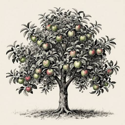 Detailed black-and-white illustration of a fruit tree with green and red apples, textured leaves, and a gnarled trunk, standing on grass.