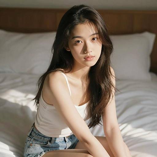 Young Woman Sitting on Bed in Natural Light