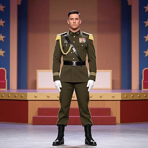 Photograph of a young male military officer in a formal black uniform with gold epaulettes, white gloves, and medals, standing on a stage