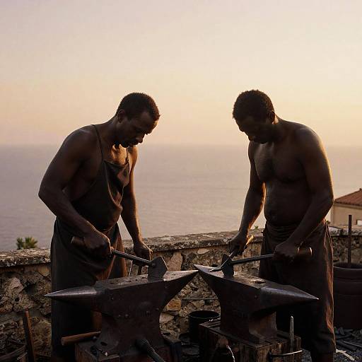 Silhouetted photograph of two muscular, shirtless black men hammering on an anvil by a seaside stone wall at sunset.