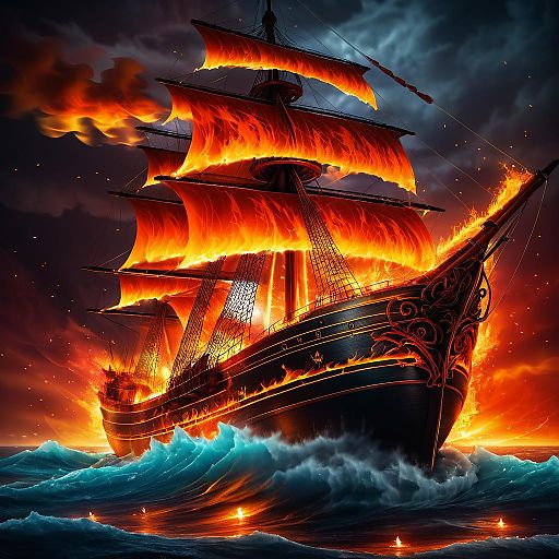 Dramatic Fire Painting of a Burning Ship