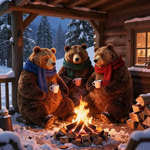 Cozy Fluffy Bears Cuddling in Snow