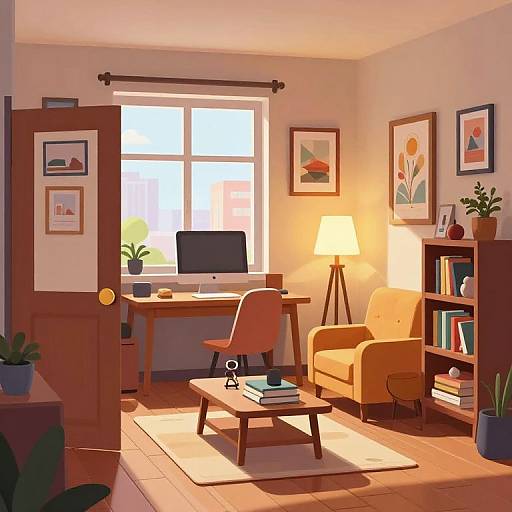 Digital illustration of a cozy, sunlit home office with a wooden desk, orange armchair, lamp, bookshelf, and potted plants.
