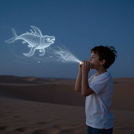 Photograph of a young boy with dark hair, wearing a white t-shirt, holding a flashlight, projecting a glowing fish outline against a twilight desert sky