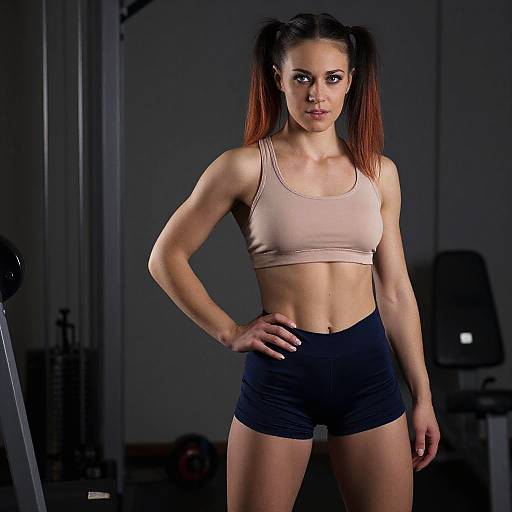Photograph of a fit, Caucasian woman with red pigtails, wearing a beige sports bra and black shorts, standing confidently in a dimly lit