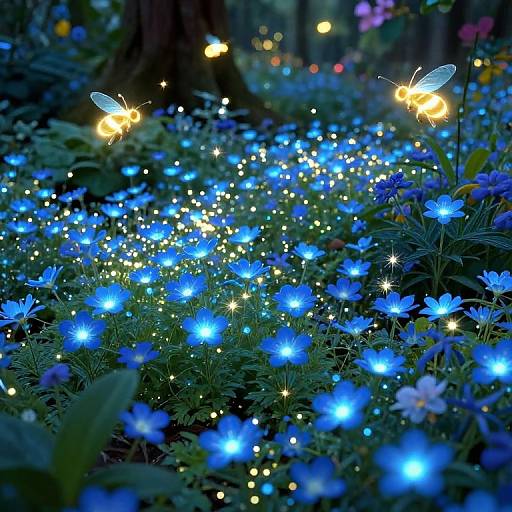 Photograph of a magical forest scene with glowing blue flowers, twinkling lights, and two luminous, winged butterflies amidst lush greenery.