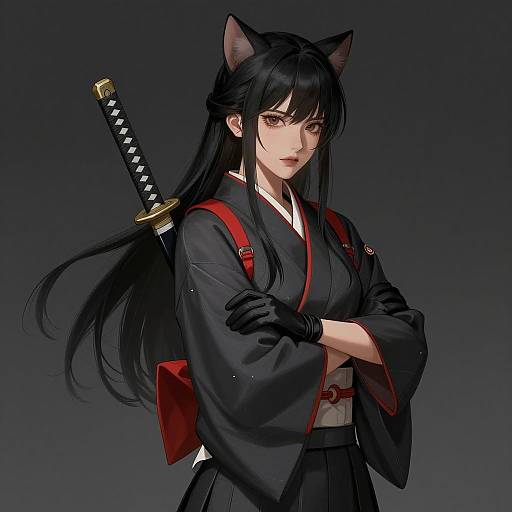 Young Woman in Dark Kimono with Katana and Cat Ears