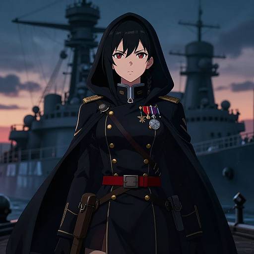 Digital anime-style drawing of a serious black-haired woman in a dark military cloak with medals, standing in front of a sunset-lit warship.