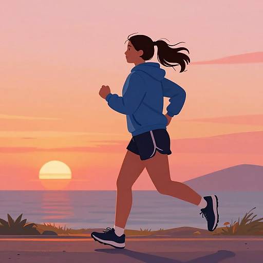 Digital illustration of a woman in a blue hoodie, black shorts, and running shoes jogging at sunset by the ocean.