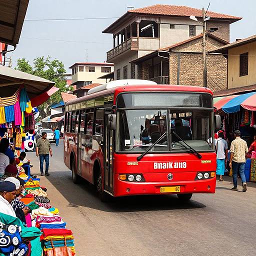 Red Bus in Vibrant Marketplace