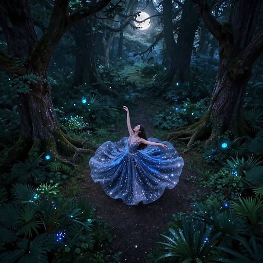 Digital fantasy artwork of a fairytale princess in a sparkly blue gown, surrounded by glowing fireflies, dancing in a moonlit forest.