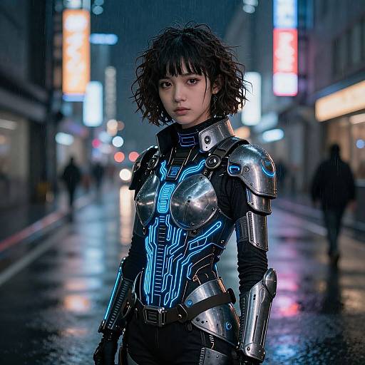 Cyberpunk street scene: young woman with short, curly black hair, glowing blue armored suit, wet pavement, neon lights, blurred pedestrians. Phot