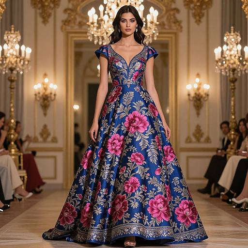 Photograph of a brunette woman in a blue, floral-patterned ball gown with pink flowers, walking on a luxurious, chandelier-lit runway.
