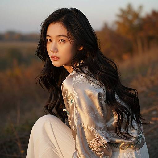 Photograph of an East Asian woman with long black wavy hair, wearing a silver embroidered top and white pants, crouching outdoors at sunset,