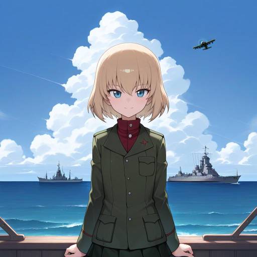 Blonde Girl with Military Vehicles at Sea