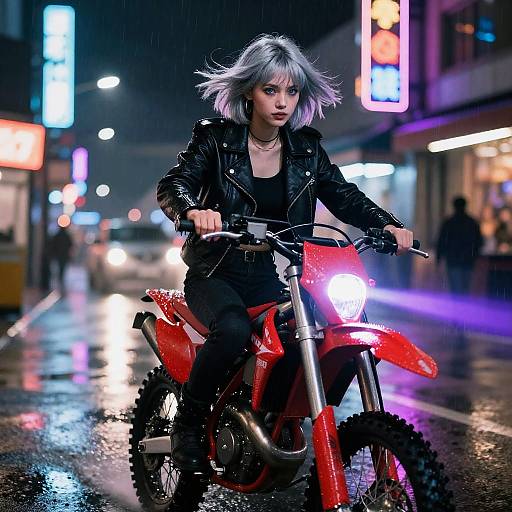 Digital artwork of a silver-haired woman in a black leather jacket riding a red motorcycle through a neon-lit, rainy city street at night.