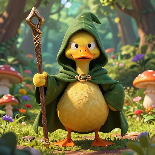 Cartoon duck in green wizard cloak holding staff stands in enchanted forest with mushrooms and colorful flowers, bright sunlight.