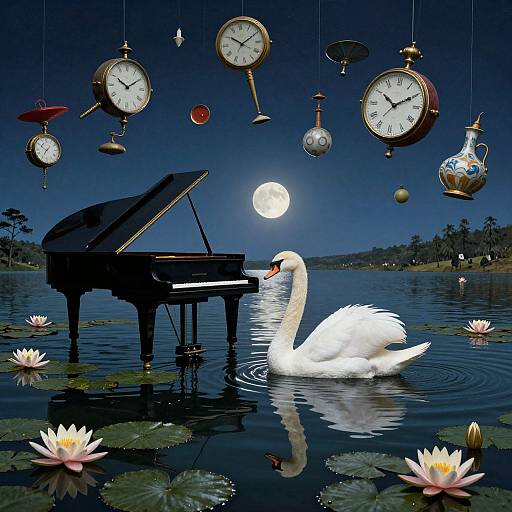 Photograph of a white swan with an orange beak playing a black grand piano on a moonlit lake, surrounded by floating clocks, lily