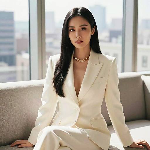 Photograph of a young woman with long black hair, wearing a white blazer and gold necklace, sitting on a gray couch in a sunlit modern