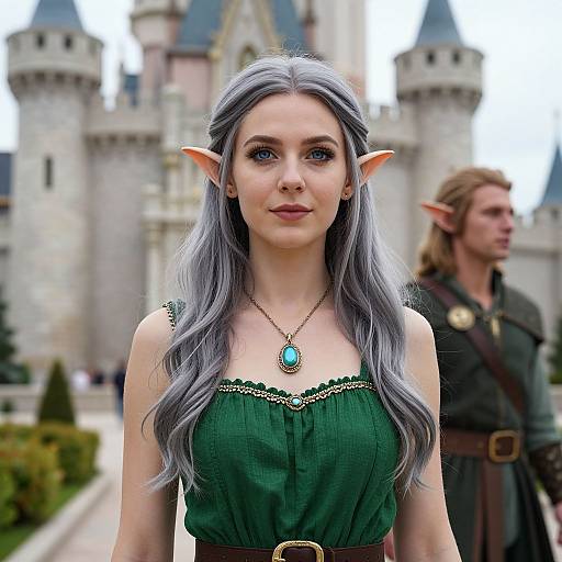 Photograph of a fair-skinned woman with long silver hair, elf ears, green dress, blue pendant, standing in front of a castle with a