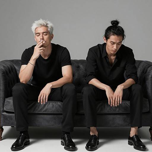 Two Men in Black Sitting on Couch