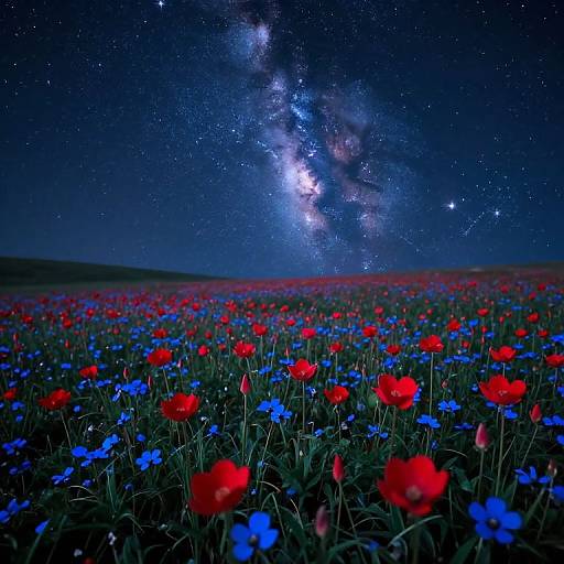 Photograph of a nighttime field filled with red and blue poppies under a starry sky with the Milky Way galaxy prominently visible.