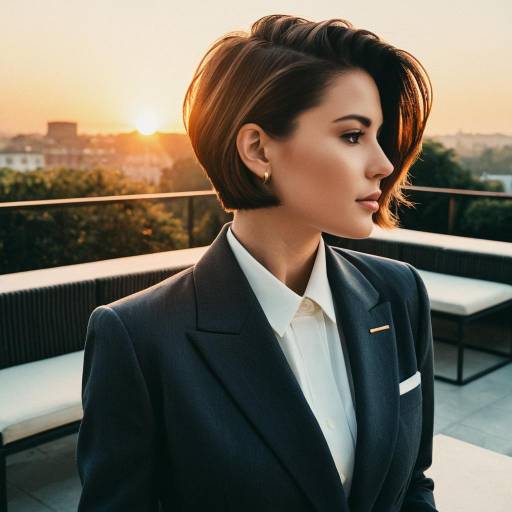 Woman with Taper Cut Hairstyle in Classic Suit at Sunset