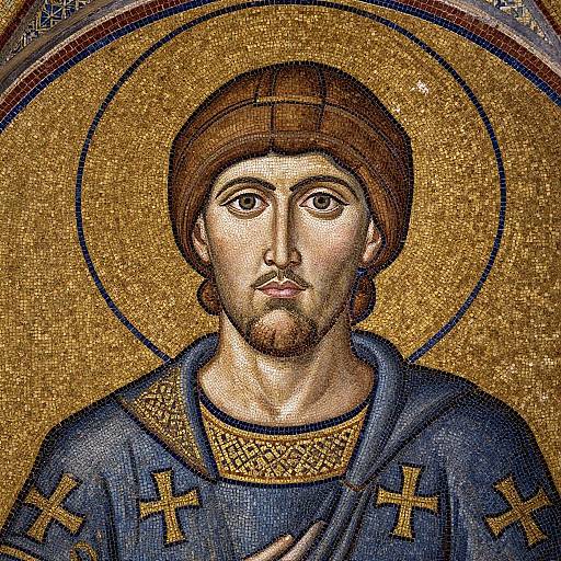 Mosaic portrait of Jesus Christ with brown hair, beard, and blue robe with gold crosses, set against a golden halo background.